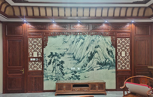 虎门港管委会中式仿古别墅客厅背景墙花格木作装饰